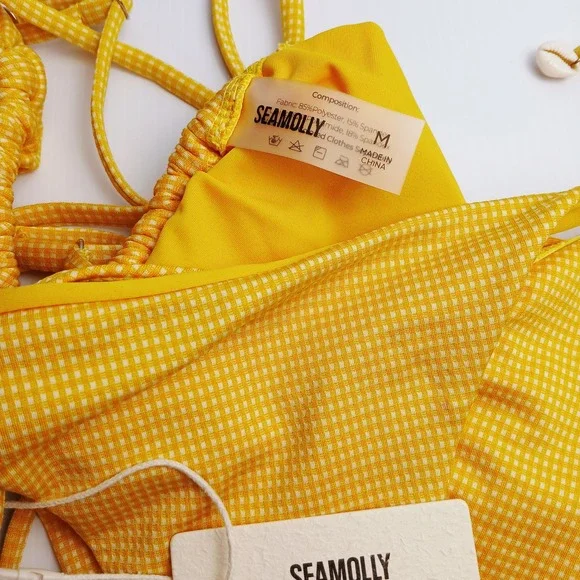 Yellow Gingham Triangle Bikini Set Cowrie Shell Ties Womens Size Medium New - Picture 6 of 7